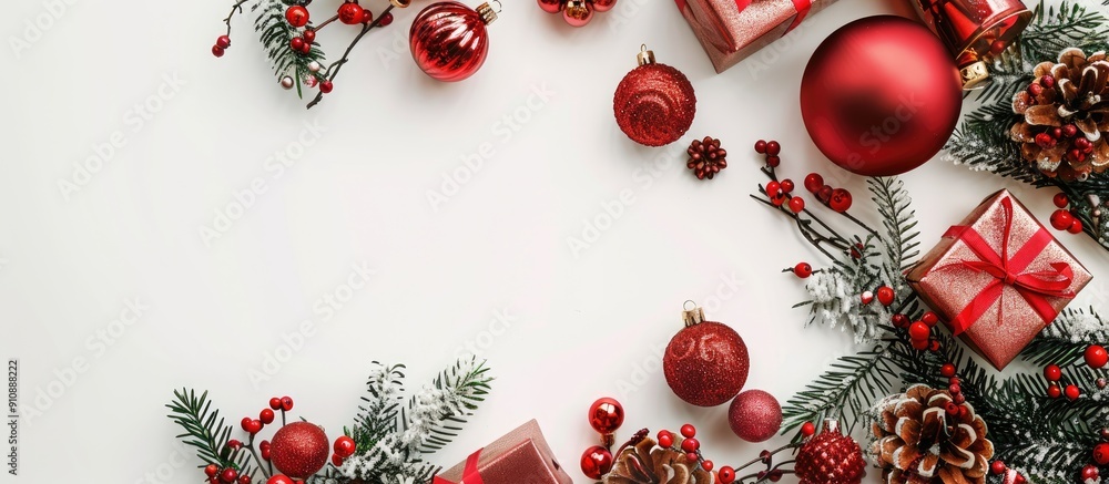 Poster festive holiday arrangement featuring gifts and red ornaments on a white backdrop conveying a christ