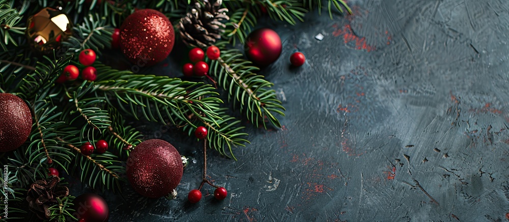 Poster festive decorations like christmas ornaments and evergreen branches arranged on a table with a style