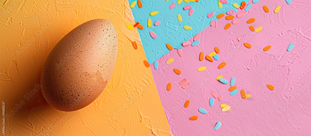 Aufkleber Sketch and structured brown egg positioned on a colorful Easter themed background with a blank area for additional elements like text or graphics known as a copy space image