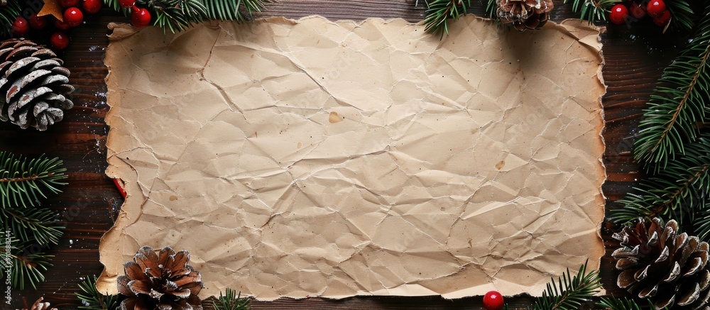 Poster top view of a vintage paper on a wooden surface decorated with christmas items includes copy space i