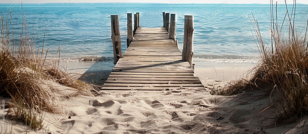 Poster a weathered wooden dock on a sandy beach in spring provides a serene backdrop perfect for a copy spa