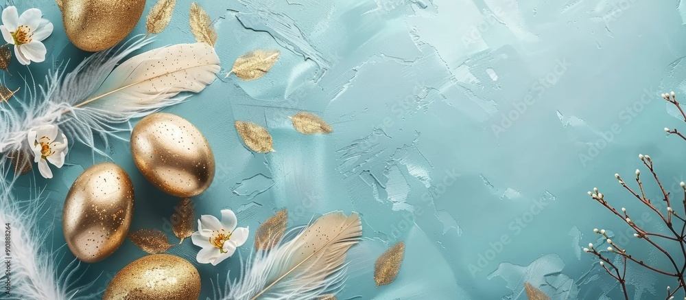 Aufkleber easter greeting card with golden eggs feathers flowers on blue happy easter card idea with copy spac