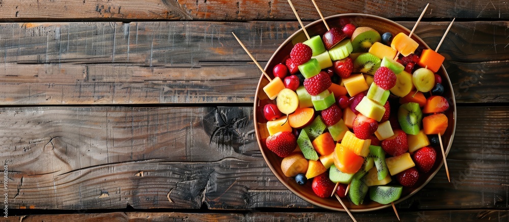 Aufkleber Top view of a plate with skewered fresh fruits on a wooden table with ample copy space image