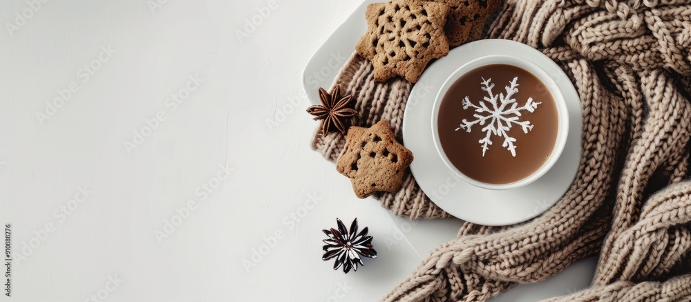 Aufkleber A knitted scarf cocoa cookies on a white plate and a white table are showcased in the copy space image