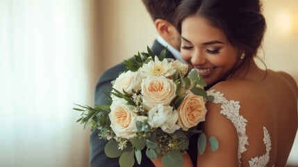 Naklejka premium Close up the groom hugs the bride, Young Brunette bride in a white dress with a bouquet,wedding couple bride and groom sweet time, the groom hugs the bride.