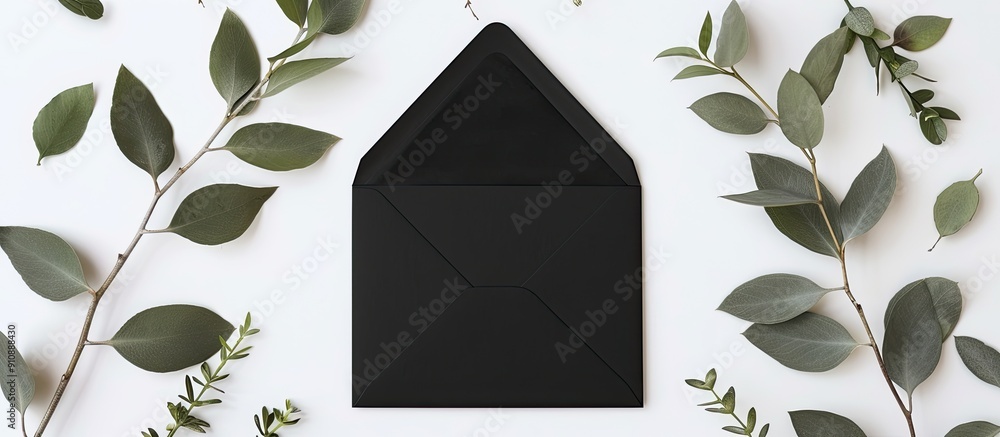 Leinwandbilder invitation card in gold with a black envelope on a white background adorned with green branches in a