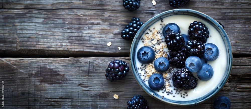 Poster Yogurt topped with oatmeal blueberries blackberries and chia seeds set on a wooden surface in a top down view with a designated copy space image