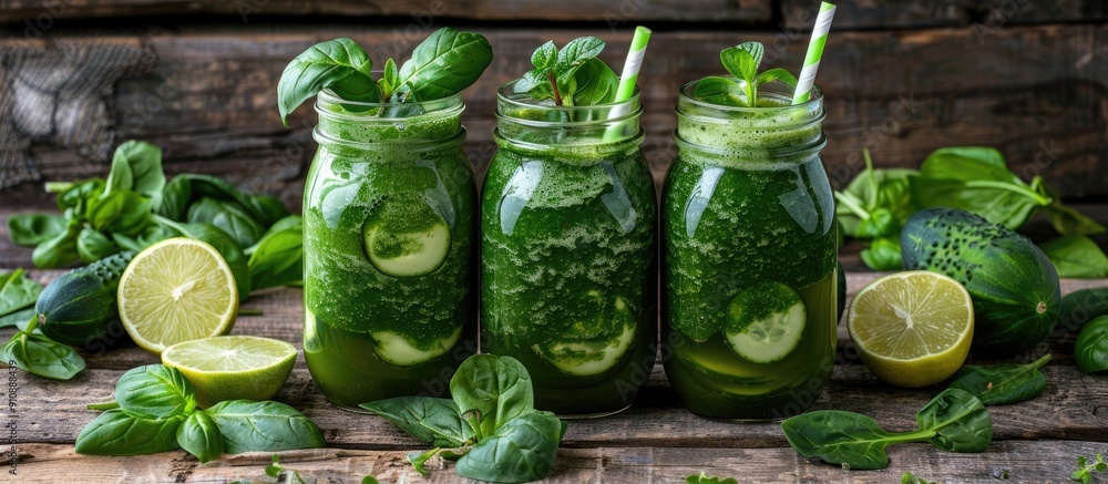 Poster Freshly prepared green detox juices with spinach on a rustic wooden table creating a delightful composition suitable for a copy space image