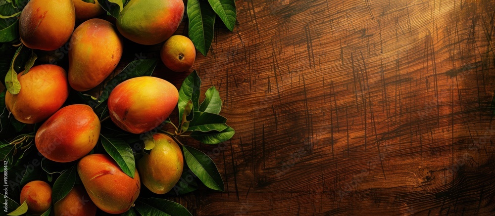 Poster top view of tropical fruits like mango on a wooden backdrop with copy space image