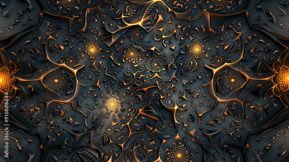 Poster abstract fractal design with dark background and golden light bursting from circular patterns