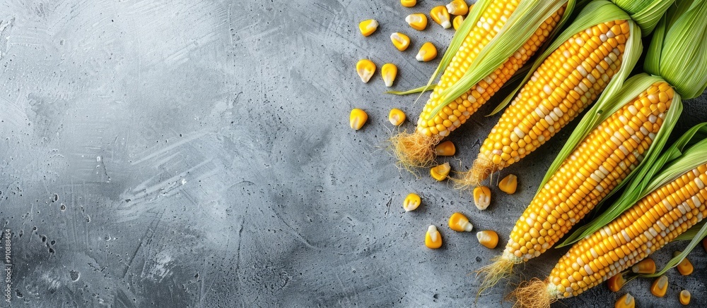 Poster yellow corn cobs arranged on a gray table with a copy space image