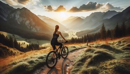Fototapeta premium Adventure women riding a bike in the mountains