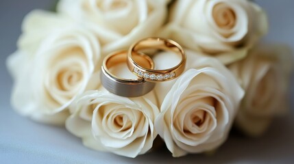 Wedding rings on the wedding bouquet of white roses,capturing the elegance and significance of a couple's love and commitment, Wedding concept.