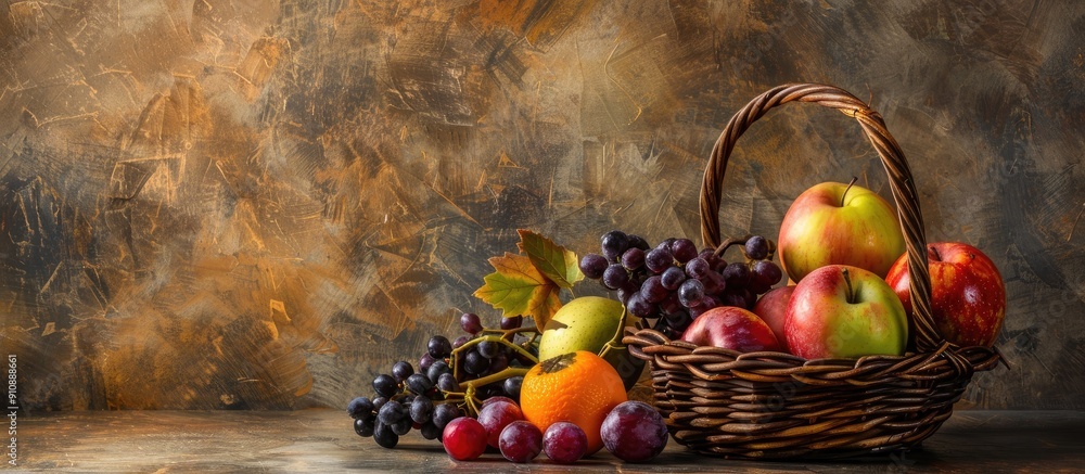 Poster Selection of fruits in the basket creates a rustic display with copy space image