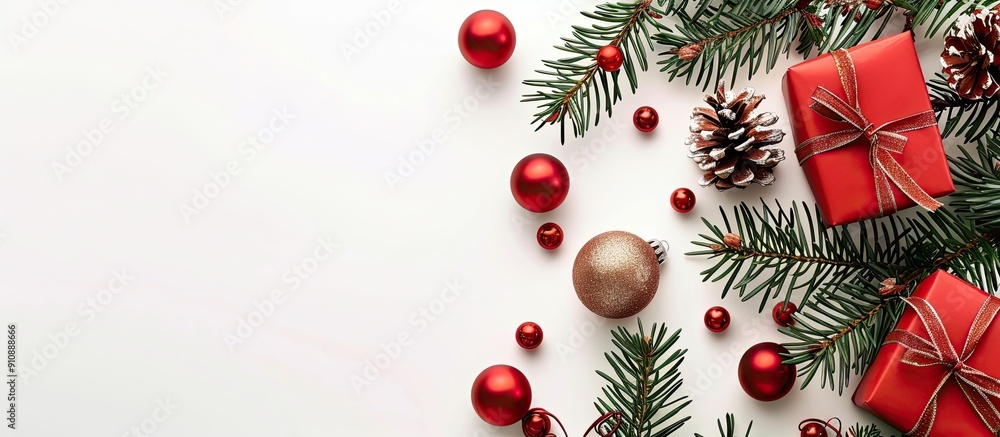 Poster A festive arrangement featuring Christmas presents adorned with a spruce twig and ornaments against a white backdrop creating a beautiful copy space image