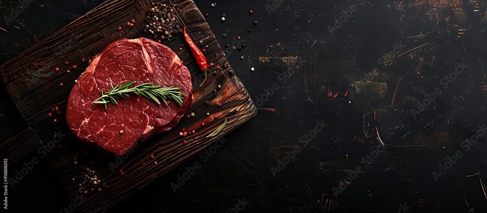 Aufkleber top view of a raw beef steak on a wooden board against a black background with spices ideal for a we