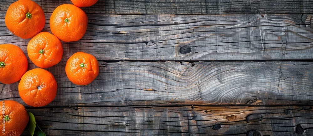 Aufkleber Top view of ripe mandarins on a wooden surface with a clear area for additional content ideal for a copy space image