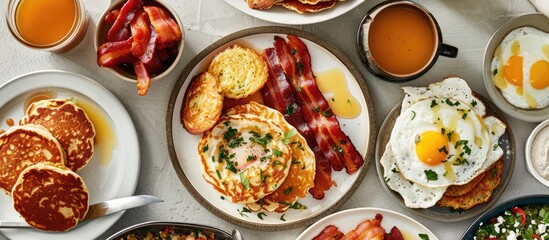 Top view of a wholesome American breakfast spread with eggs bacon pancakes and latkes with copy space image