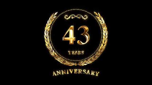 43rd Anniversary Celebration. Happy 43 Years Anniversary Animation in Gold Color on the Transparent Background, Alpha Channel. Great for greetings, celebrations, events, and gifts.