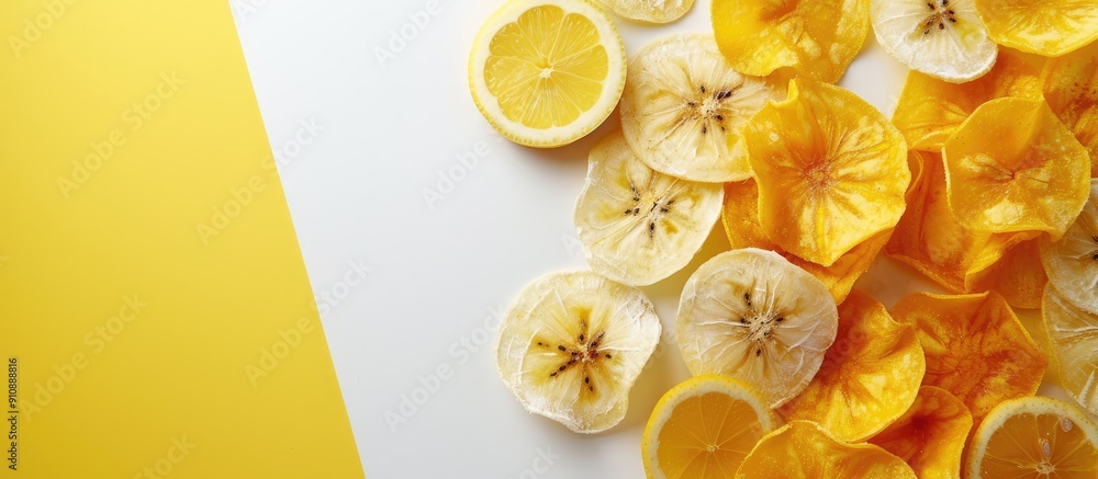 Poster fruit chips arranged on a white and yellow backdrop promoting healthy snacking with no added sugar s