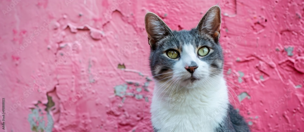 Poster green eyed gray and white cat posing for a portrait against a textured pink background ideal for a c