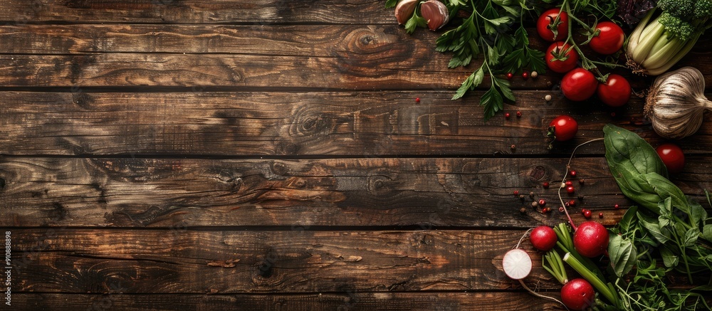 Sticker copy space image featuring a rustic wooden background adorned with an array of veggies like garlic t