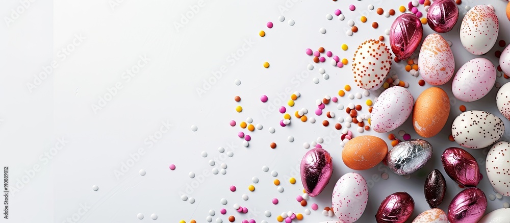 Poster a festive easter theme featuring colorful chocolate eggs with sugary dragees on a white backdrop wit