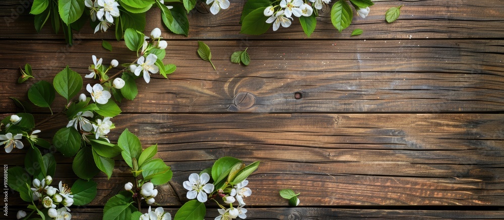 Poster wooden table with blooming spring branches and leaves arranged in a flat lay composition offering am