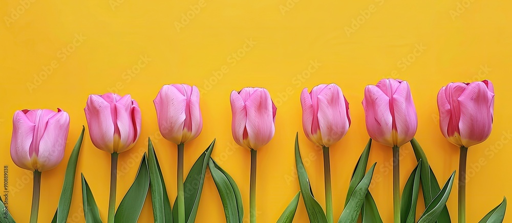 Poster top view of pink tulips set on a bright yellow backdrop with copy space image