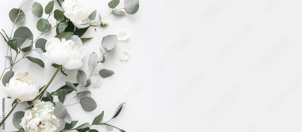Poster Mockup for a wedding invitation or greeting card featuring a white peony arrangement with eucalyptus sprigs on a plain white backdrop providing copy space image