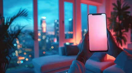 Close up Young woman holding using touch mobile phone white screen mockup,relaxes sitting on sofa in luxury living room with neon light and city view,Night scene,copy space.