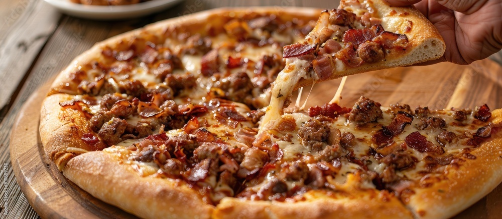 Aufkleber taking a slice of a homemade italian bacon sausage and cheese pizza from a wooden table with a hand 