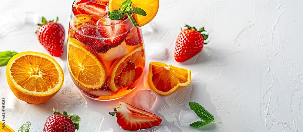 Poster a white background showcases a vibrant sangria with fresh oranges and strawberries in a copy space i