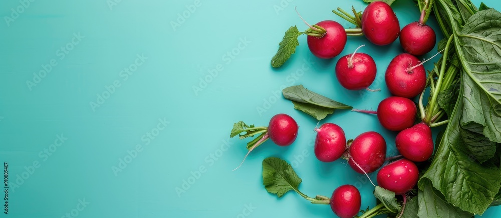 Aufkleber radishes with their leaves intact set against a blue backdrop providing ample copy space image