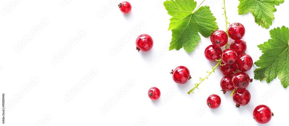 Poster Red currant berry with leaf isolated on a white background offering a suitable copy space image Presented from a top view creating a flat lay pattern