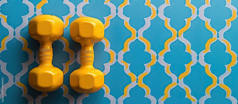 Aufkleber Dumbbell weights in yellow shade positioned against a backdrop of a blue pattern with ample copy space image included