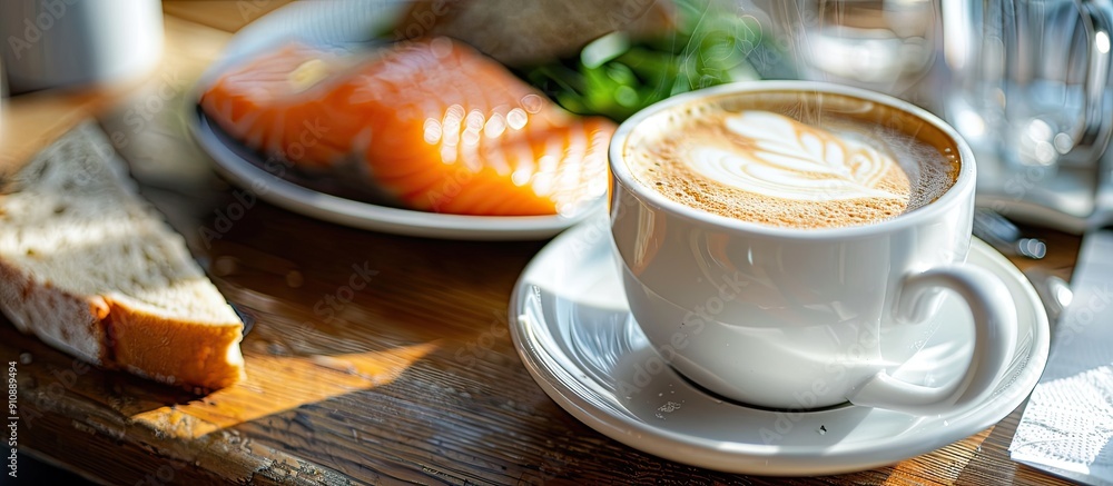 Aufkleber Enjoy a delightful breakfast at the cafe with a coffee cup featuring a luscious latte and tasty salmon creating a visually appealing copy space image