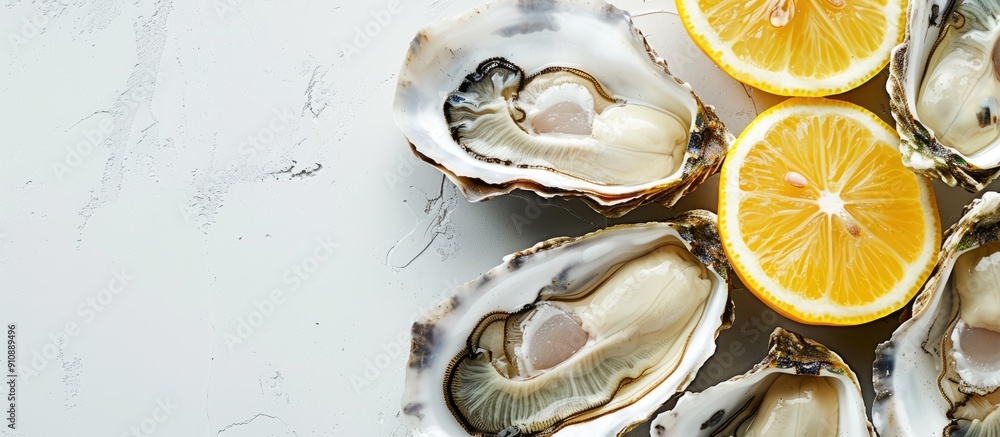 Aufkleber Raw oysters presented with a lemon slice in a copy space image