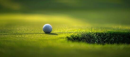 Golf ball sitting on the edge of the hole with a stunning green backdrop ideal for a copy space image