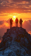 Fototapeta premium Teamwork Concept with Friends Reaching the Mountain Peak at Sunset