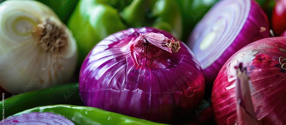 Poster Selective focus on a textured mix of green pepper and onions with a red onion creating a visually appealing copy space image