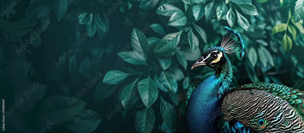 Poster Peacock guarding greenery in its habitat with a copy space image