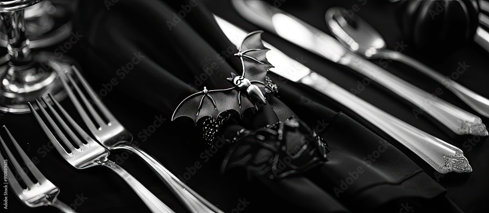Aufkleber halloween party concept featuring an elegant table setting in black and white hues accompanied by si