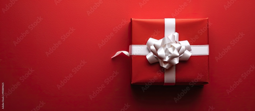 Poster a festive christmas gift box with a white bow on a red backdrop creating a seasonal ambiance in the 