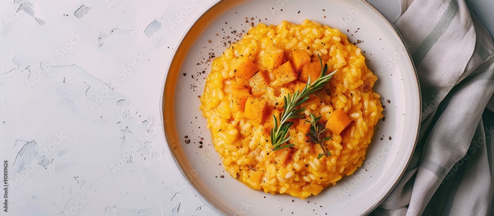 Poster Horizontal image of pumpkin risotto placed on a white table with a contrasting napkin featuring copy space for additional content