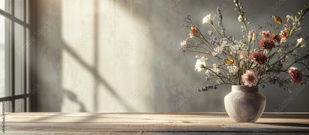 Aufkleber indoor table setting with a stunning bouquet of flowers in a vase offering an ideal copy space image