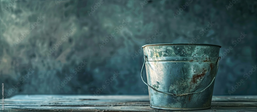 Poster a metal bucket displayed with available space for written content in an image. creative banner. copy