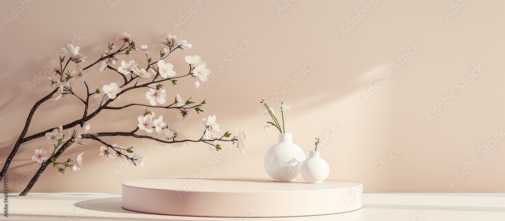 Fototapete front view of geometric podium for product presentation with a spring tree branch featuring white fl