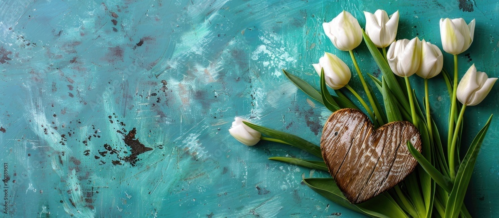 Poster a serene lifestyle composition for a holiday featuring white and green tulips arranged next to a woo