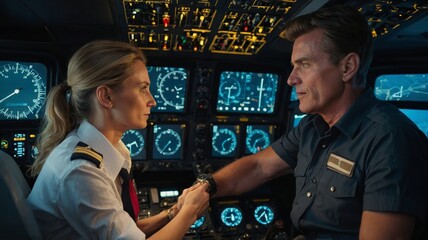 Captain and woman copilot in cockpit preparing to fly